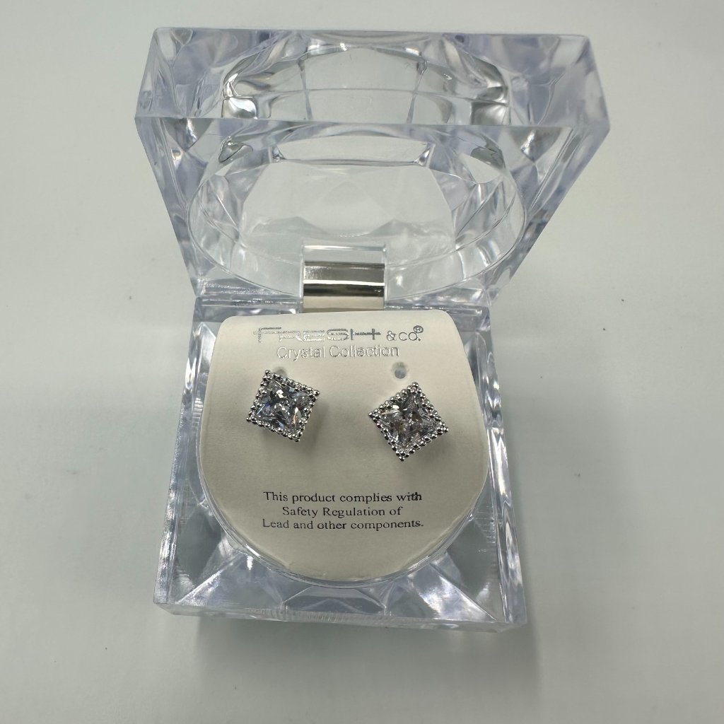 3/$30 Fresh & Co Crystal Collection Stud Earrings Princess Cut Halo Silver Tone
